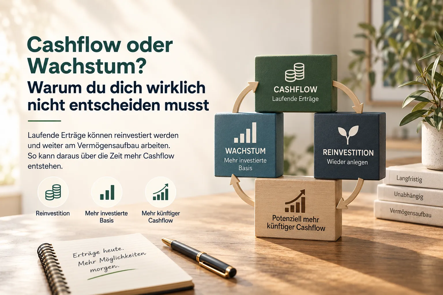 Editorial-Visual zu Cashflow und Wachstum: Cashflow, Reinvestition und Wachstum werden als zusammenhängender Kreislauf dargestellt.