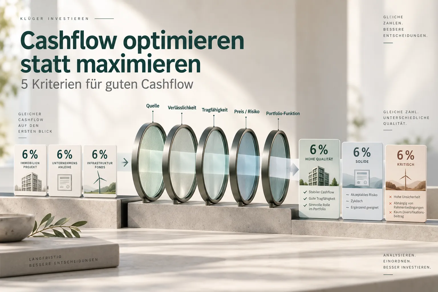 Editorial-Visual zur Cashflow-Qualität: Mehrere gleiche Prozentwerte werden durch fünf Filter für Quelle, Verlässlichkeit, Tragfähigkeit, Risiko und Portfolio-Funktion eingeordnet.