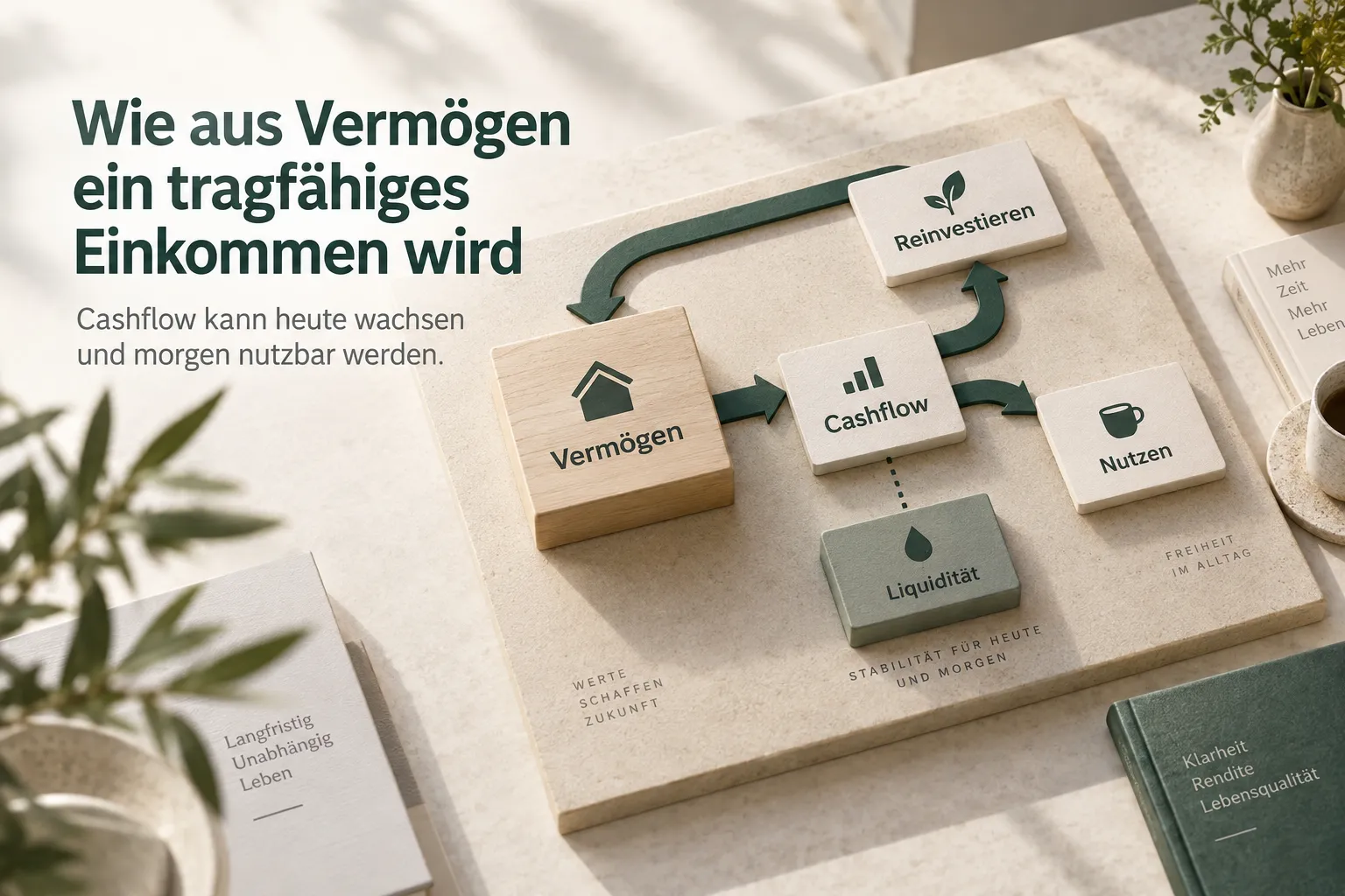 Editorial-Visual zeigt, wie Vermögen laufenden Cashflow erzeugt, der entweder reinvestiert oder genutzt wird, ergänzt durch einen Liquiditätspuffer.