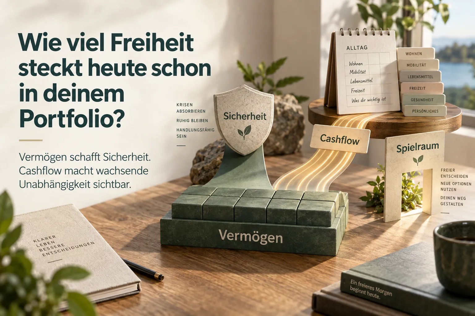 Editorial-Visual zeigt Vermögen als Basis, daraus finanzielle Sicherheit als Puffer und Cashflow als laufende Entlastung, die zu mehr Entscheidungsspielraum führen kann.