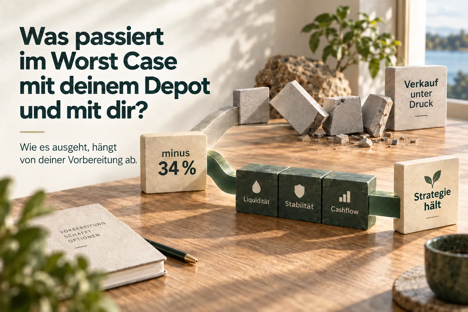 Editorial-Visual zeigt denselben Kursrückgang mit zwei Wegen: ohne Plan zum Verkauf unter Druck, mit Liquidität, Stabilität und Cashflow zu einer Strategie, die hält.