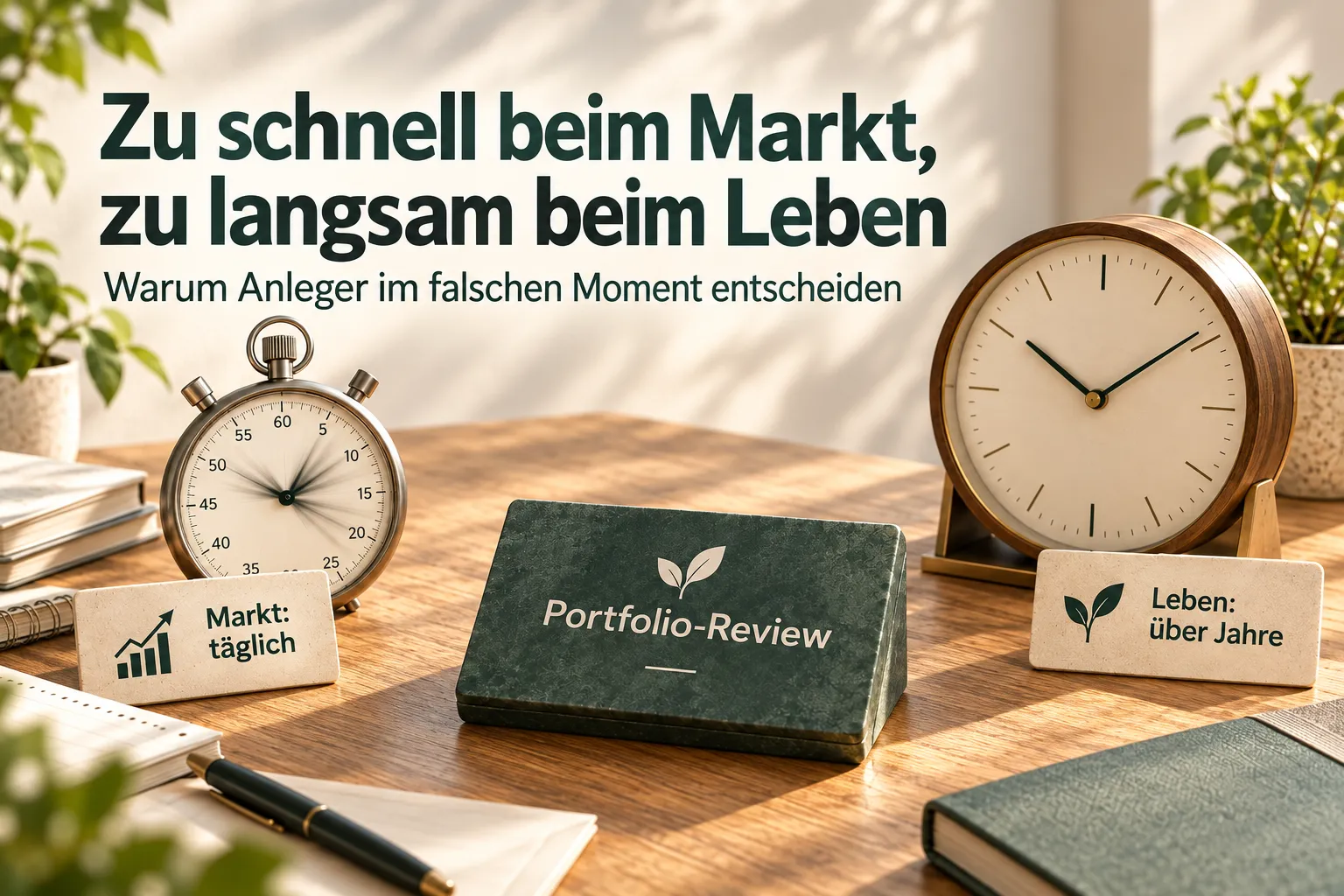 Zwei Uhren auf einem Schreibtisch: eine schnelle Markt-Uhr und eine ruhige Lebens-Uhr, dazwischen eine Karte mit der Aufschrift Portfolio-Review.