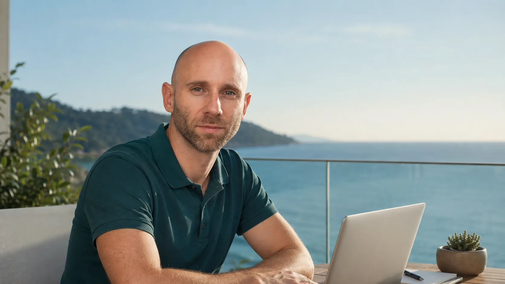 Dr. Tobias Wolf arbeitet mit Laptop auf einer Terrasse mit Meerblick