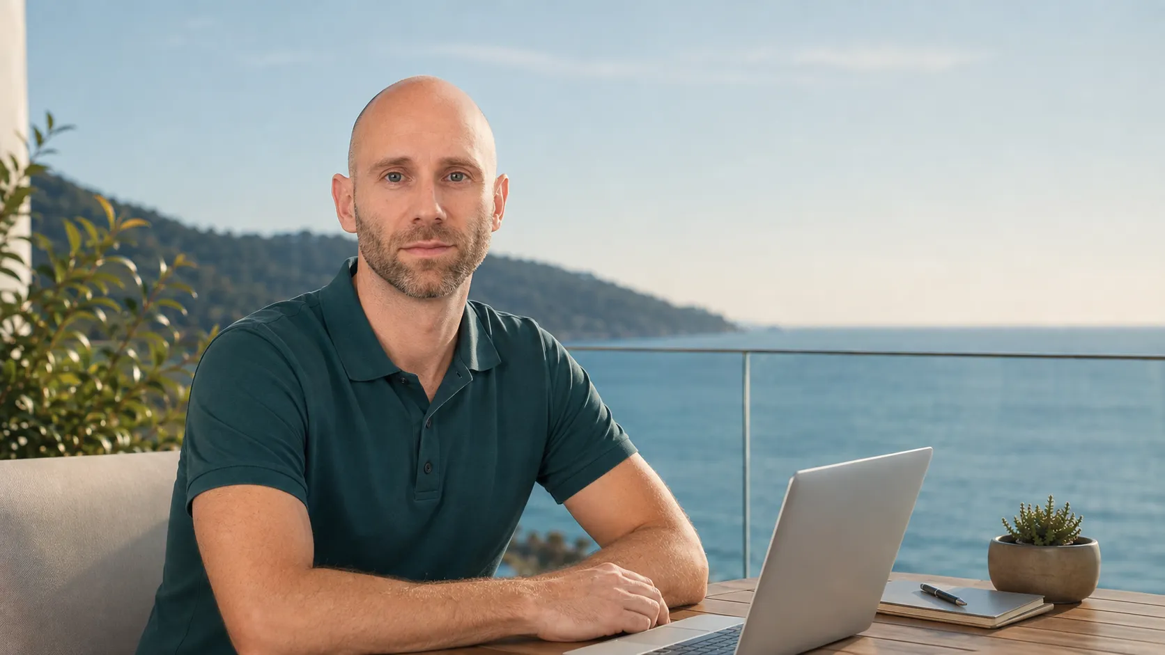 Dr. Tobias Wolf arbeitet mit Laptop auf einer Terrasse mit Meerblick