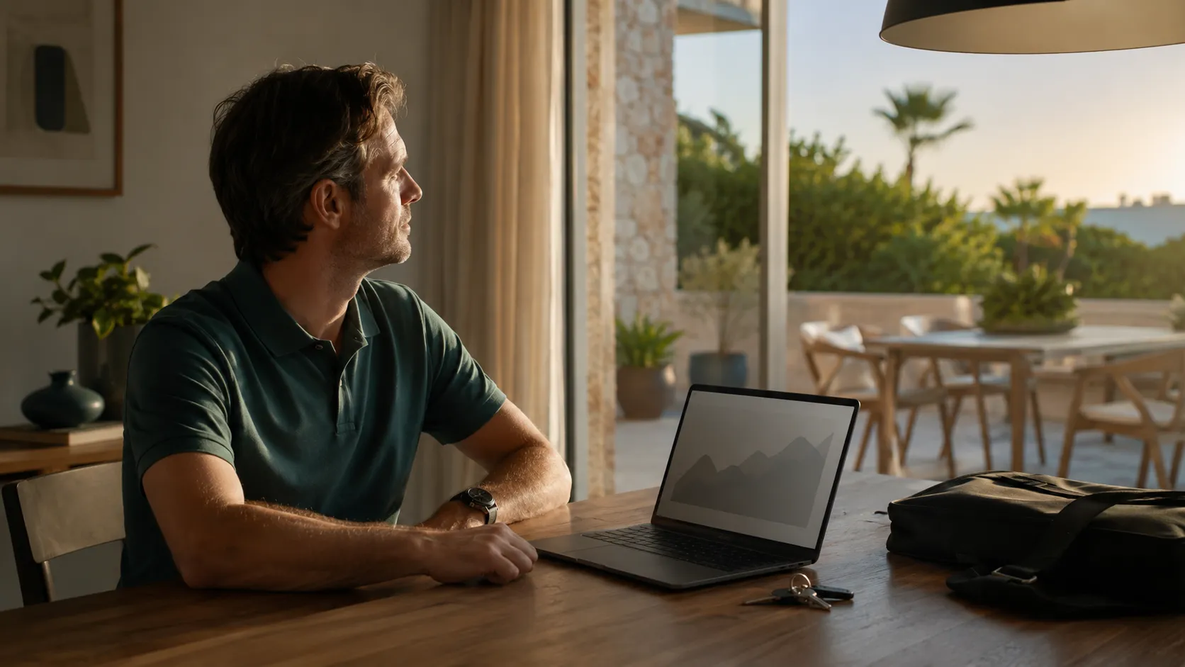 Person nach einem Arbeitstag mit geöffnetem Depot am Laptop, während sich trotz wachsendem Vermögen im Alltag noch kein zusätzlicher finanzieller Spielraum zeigt