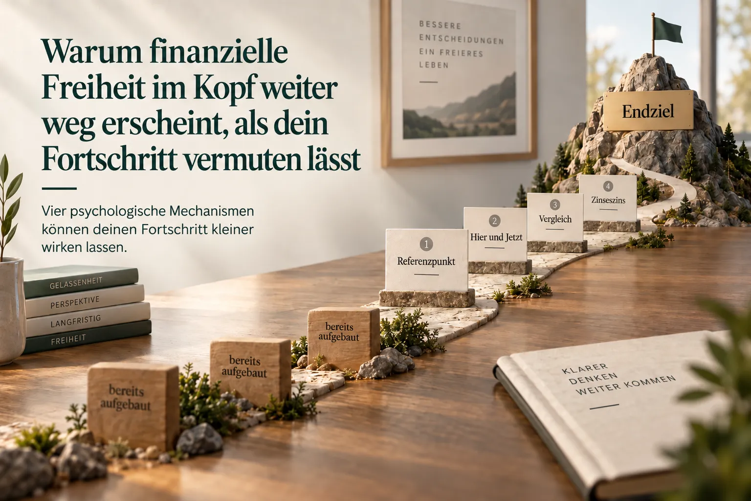 Editorial-Visual zur psychologischen Distanz finanzieller Freiheit: Ein dominanter ferner Zielpunkt lässt bereits erreichten Fortschritt kleiner wirken.