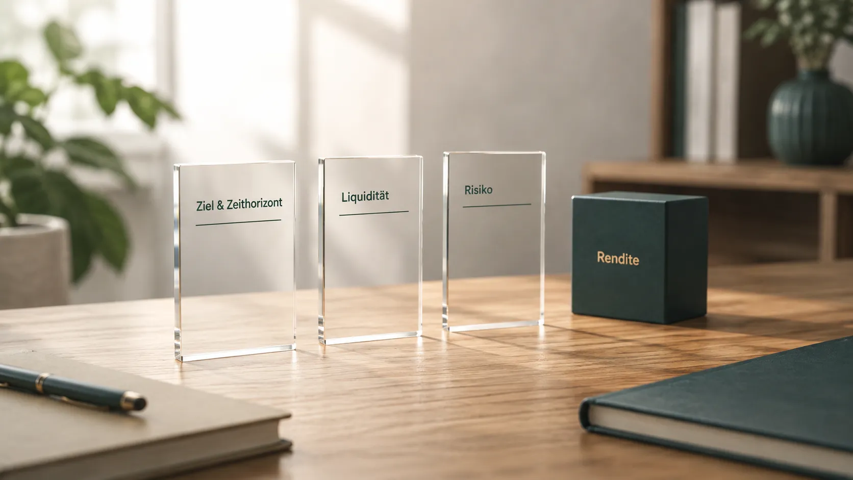 Drei beschriftete Glasstelen für Ziel und Zeithorizont, Liquidität und Risiko neben einer Schachtel mit der Aufschrift Rendite