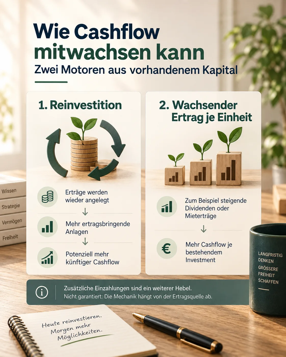 Zwei Karten zeigen Reinvestition und wachsende Erträge je Einheit als Motoren für einen wachsenden Cashflow.