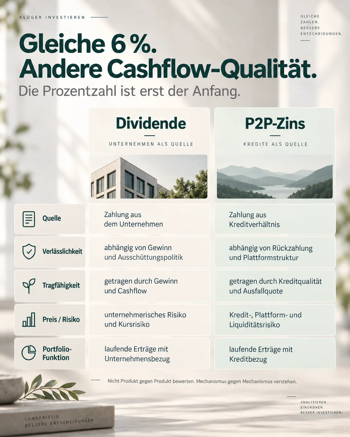Vergleichsinfografik mit Dividende und P2P-Zins bei gleicher nominaler Cashflowrate, eingeordnet nach fünf Qualitätskriterien.
