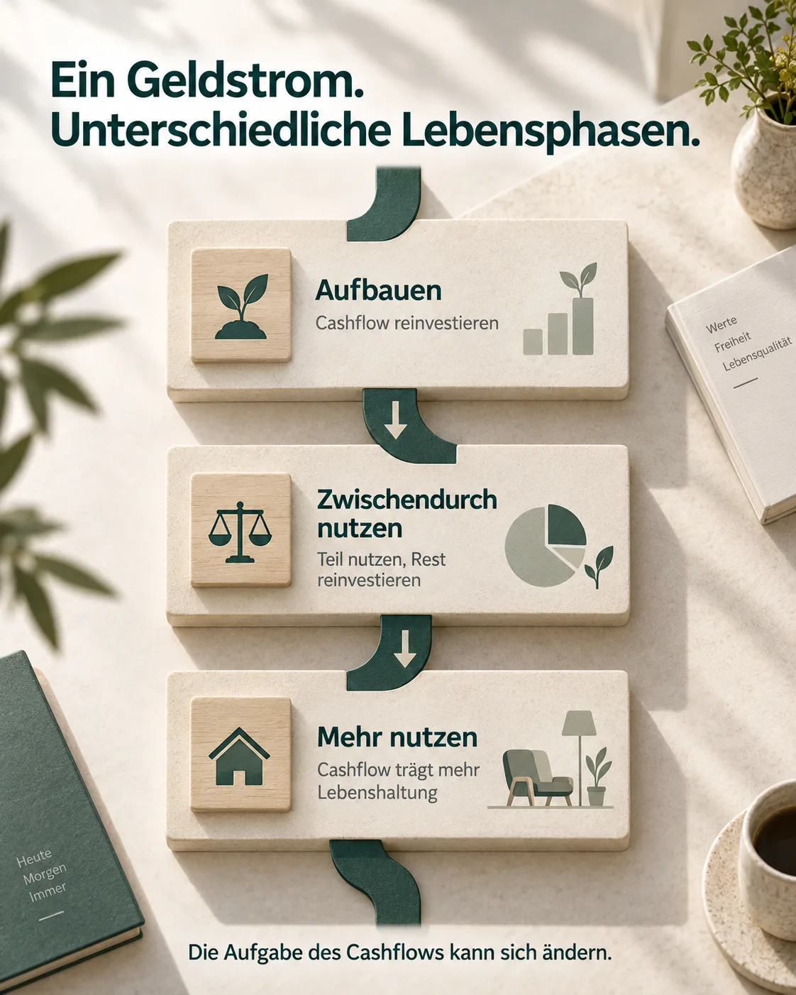 Infografik zeigt denselben Cashflow über drei Lebensphasen: vollständig reinvestieren, teilweise nutzen und später stärker für Lebenshaltung einsetzen.