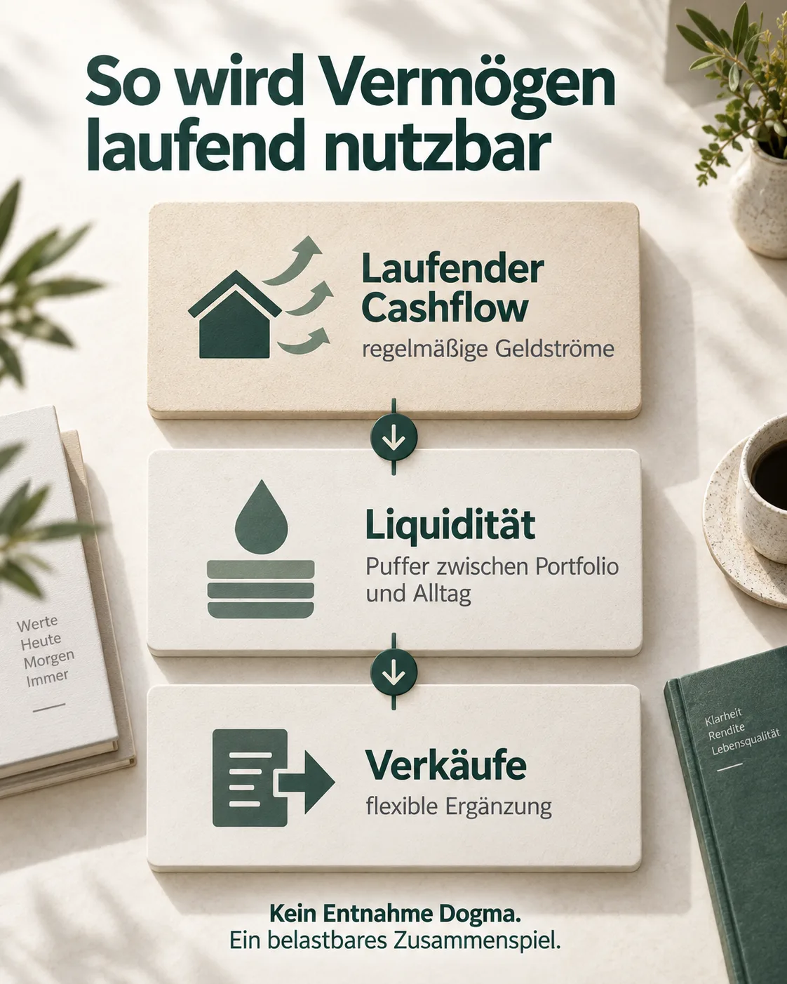 Drei Ebenen eines Einkommenssystems aus laufendem Cashflow, Liquiditätspuffer und flexiblen Verkäufen.