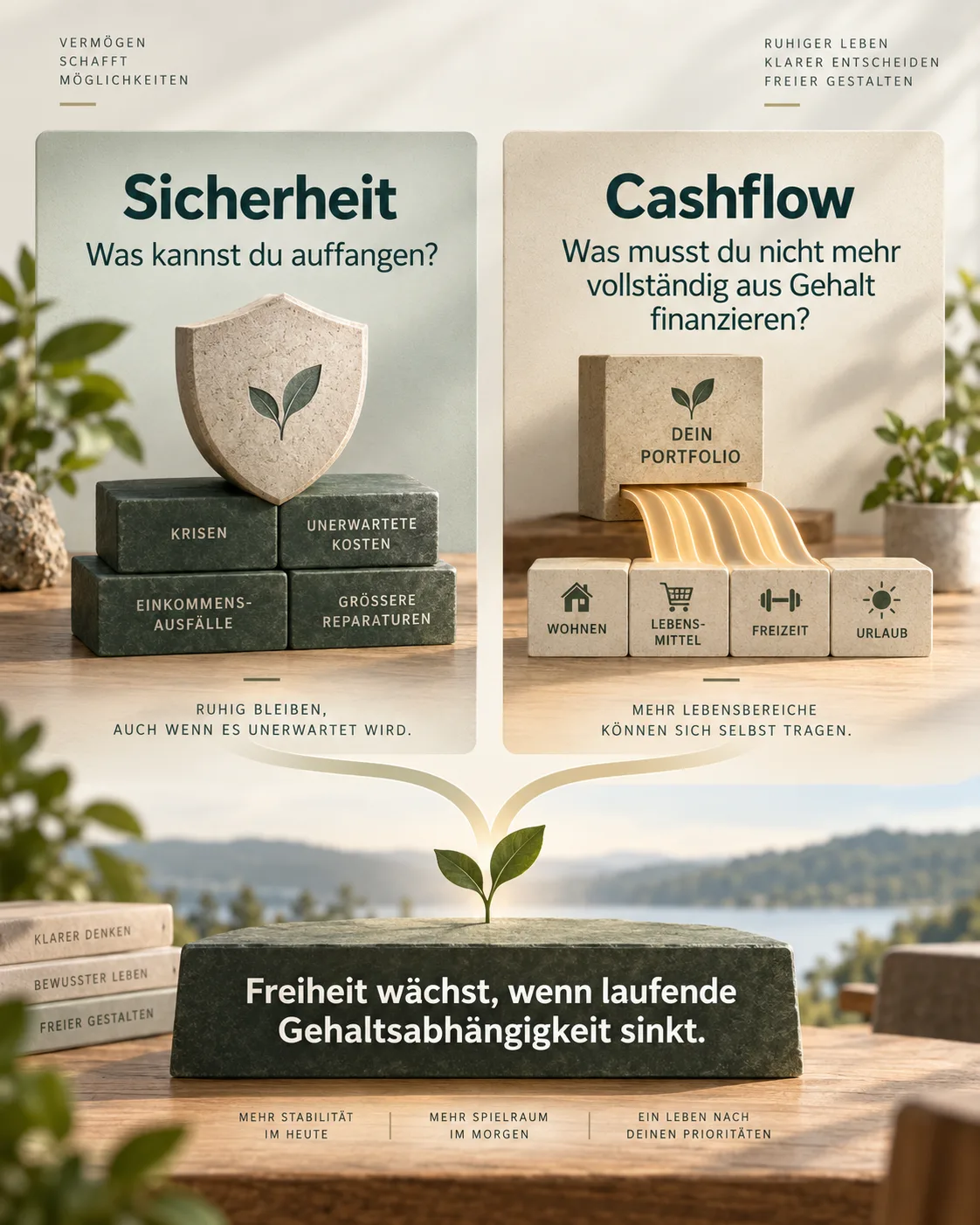 Infografik stellt finanzielle Sicherheit als Fähigkeit zum Auffangen von Belastungen und Cashflow als Entlastung des laufenden Gehaltsbedarfs gegenüber.