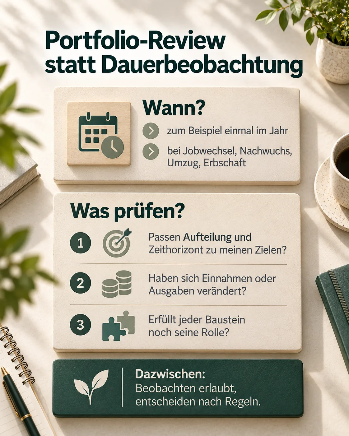 Übersicht, wann ein Portfolio-Review sinnvoll ist und welche drei Fragen dabei geprüft werden.