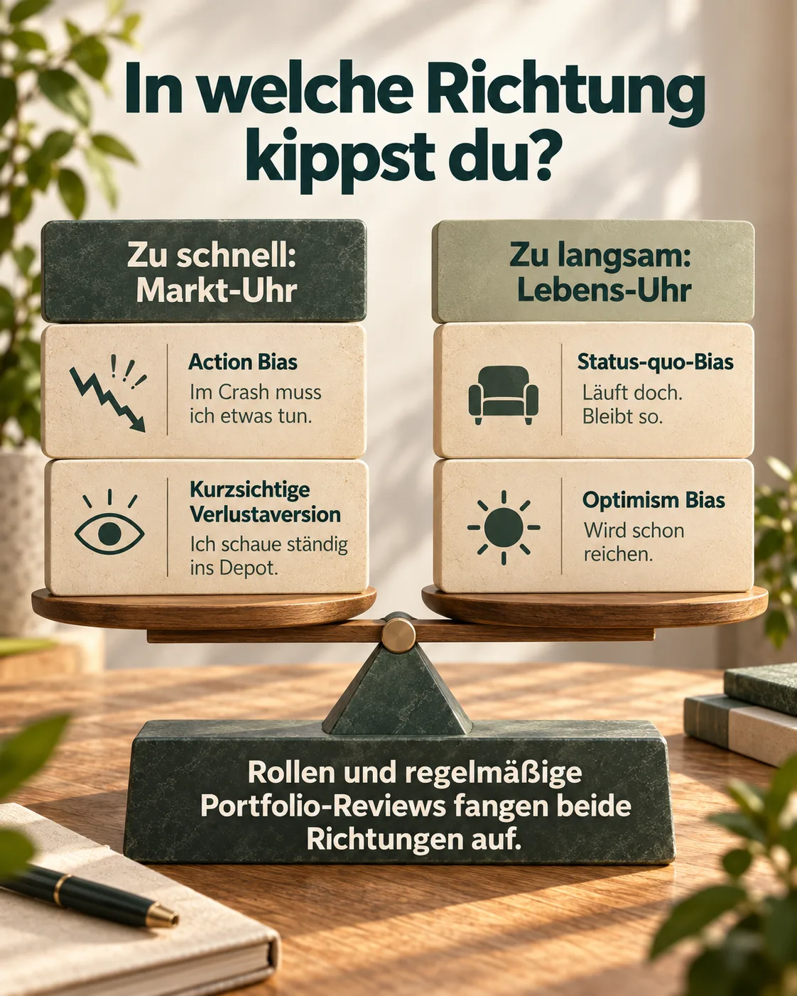 Übersicht mit vier Denkfehlern in zwei Richtungen: zu schnelles Reagieren auf den Markt und zu langsames Reagieren auf Veränderungen im Leben.