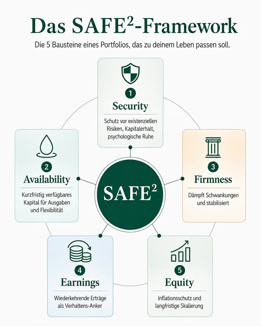 Schaubild der fünf Portfoliobausteine: Sicherheit, Liquidität, Stabilität, Cashflow und Wachstum, mit ihren jeweiligen Rollen
