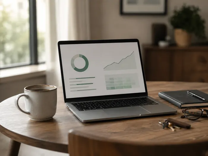 Laptop mit einer Depot-Übersicht auf einem Tisch, daneben Kaffeetasse, Notizbuch, Brille und Schlüssel