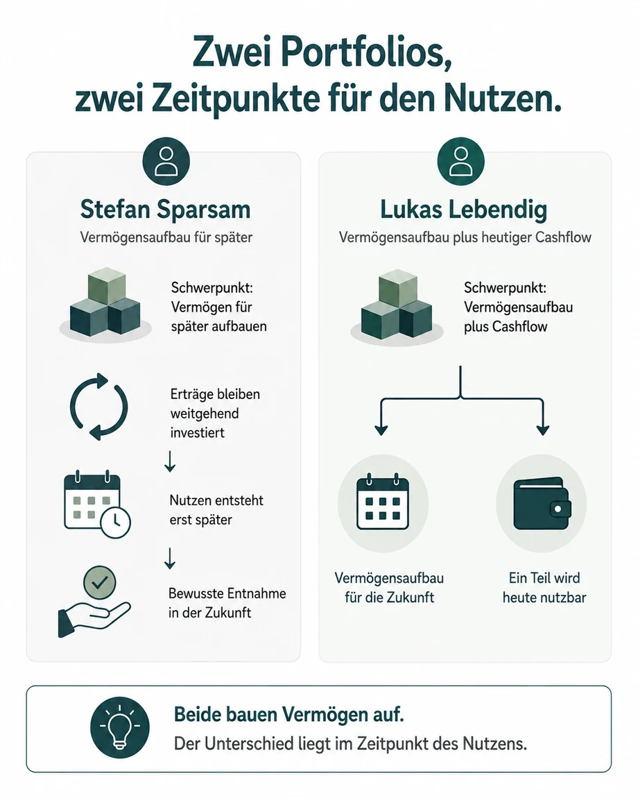 Vergleich zwischen einem Portfolio mit Fokus auf Vermögensaufbau für später und einem Portfolio mit zusätzlichem Cashflow für heutigen finanziellen Spielraum.