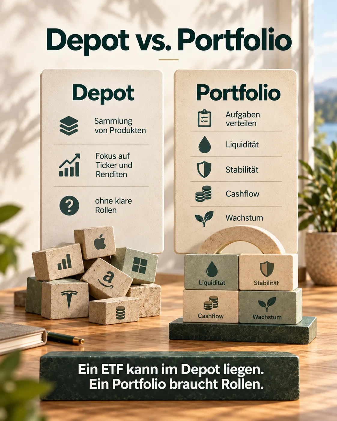 Vergleich zwischen einem Depot mit einzelnen Positionen und einem Portfolio, in dem Positionen klaren Aufgaben zugeordnet sind