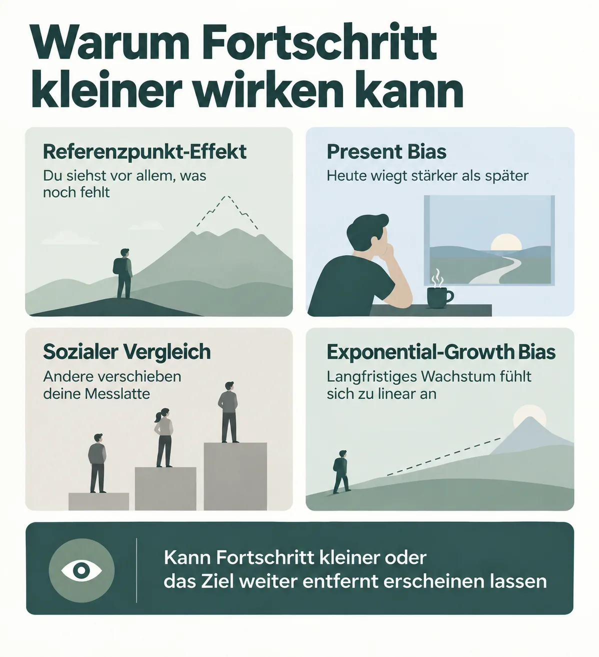 Vier psychologische Mechanismen, die den eigenen Fortschritt kleiner oder das Ziel weiter entfernt erscheinen lassen können: Referenzpunkt-Effekt, Present Bias, sozialer Vergleich und Exponential-Growth Bias.