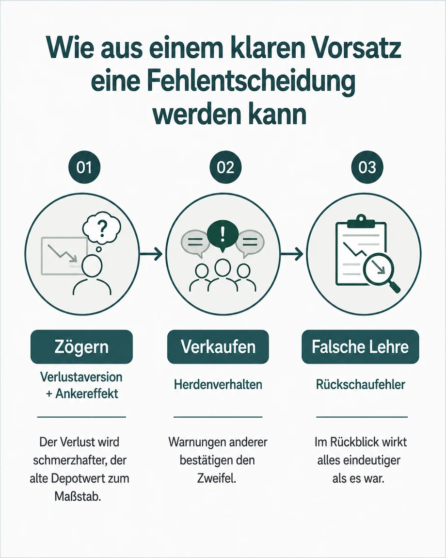 Drei-Phasen-Modell mit Zögern, Verkaufen und falscher Lehre während einer Korrektur