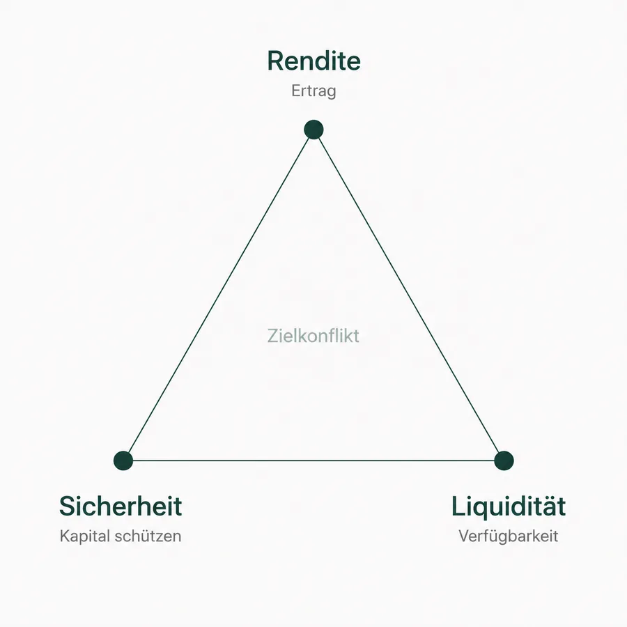 Das magische Dreieck der Geldanlage mit den drei Kriterien Sicherheit, Liquidität und Rendite