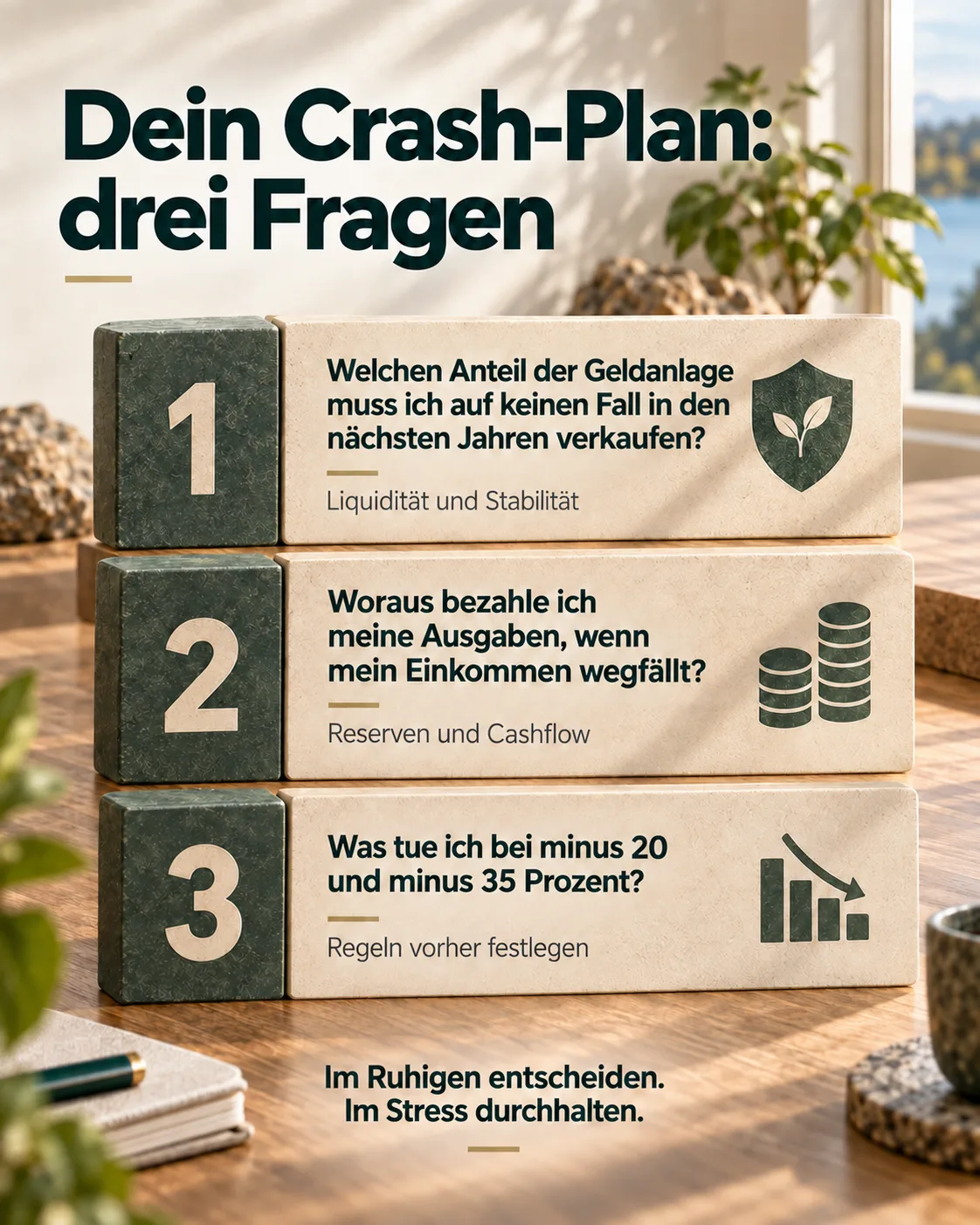 Infografik mit drei Fragen für einen persönlichen Crash-Plan zu Liquidität und Sicherheit, Einkommensausfall und vorher festgelegten Regeln.