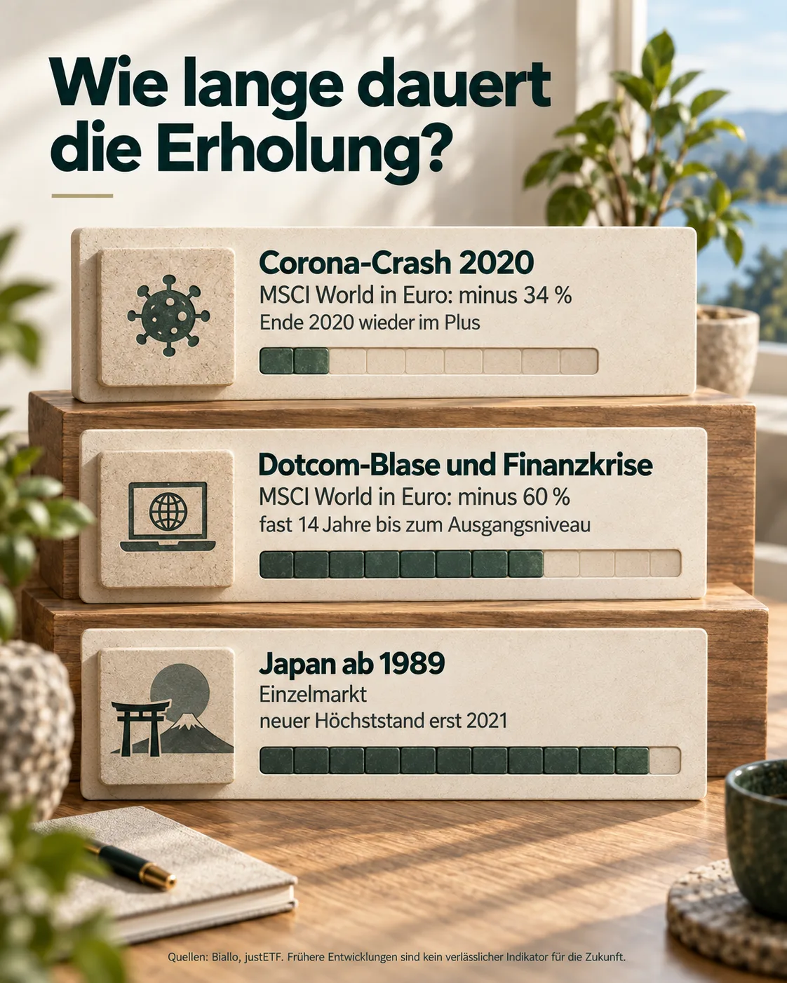Infografik vergleicht die Erholungsdauer nach dem Corona-Crash, nach Dotcom-Blase und Finanzkrise sowie am japanischen Aktienmarkt nach 1989.